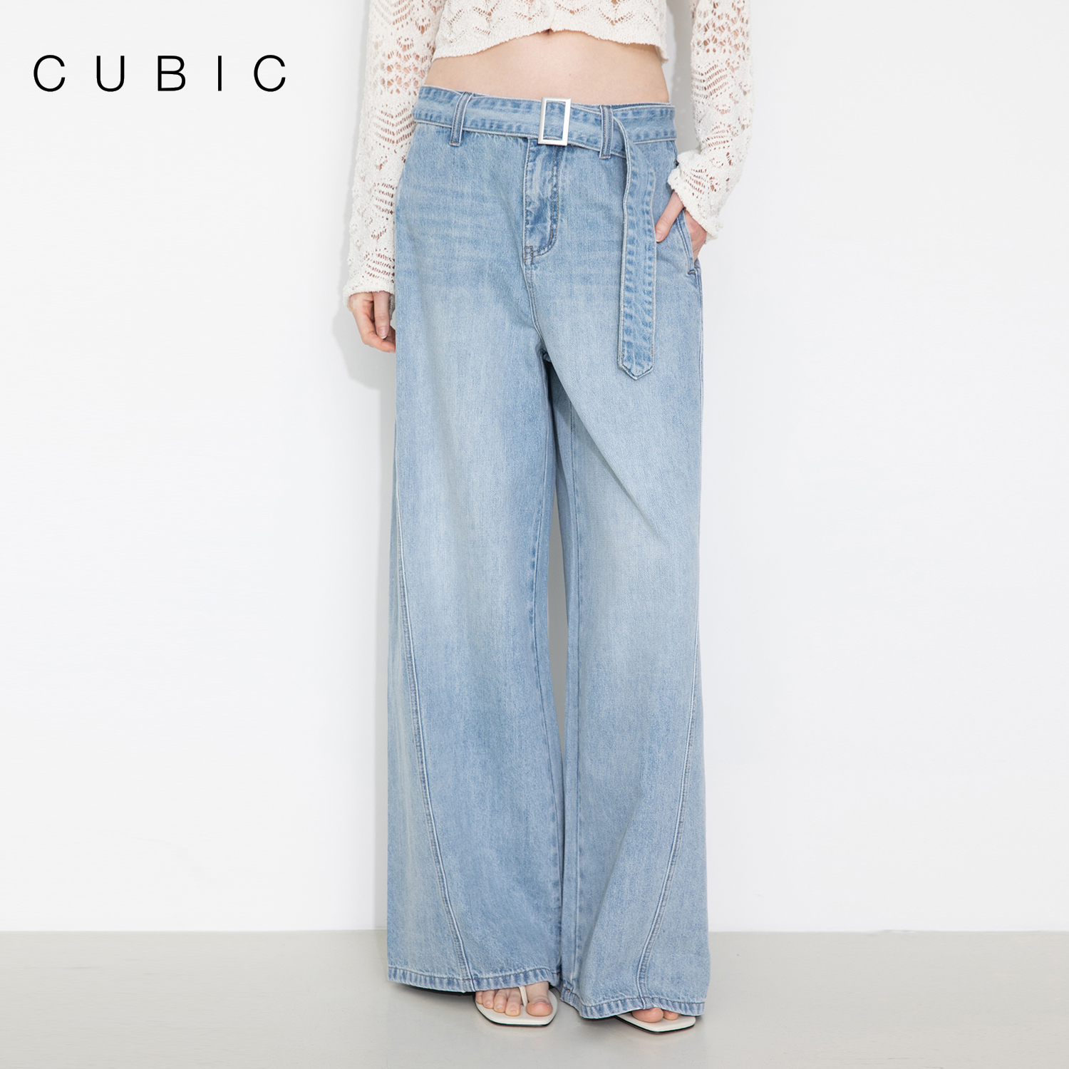 CUBIC水洗腰带阔腿牛仔裤