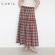 CUBIC 明星同款 复古松紧腰高腰长裙设计打揽拼接A字格纹半裙