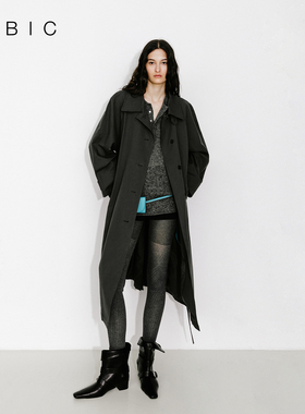 CUBIC复古松弛休闲感莱赛尔立领深灰色中长款宽松廓形风衣