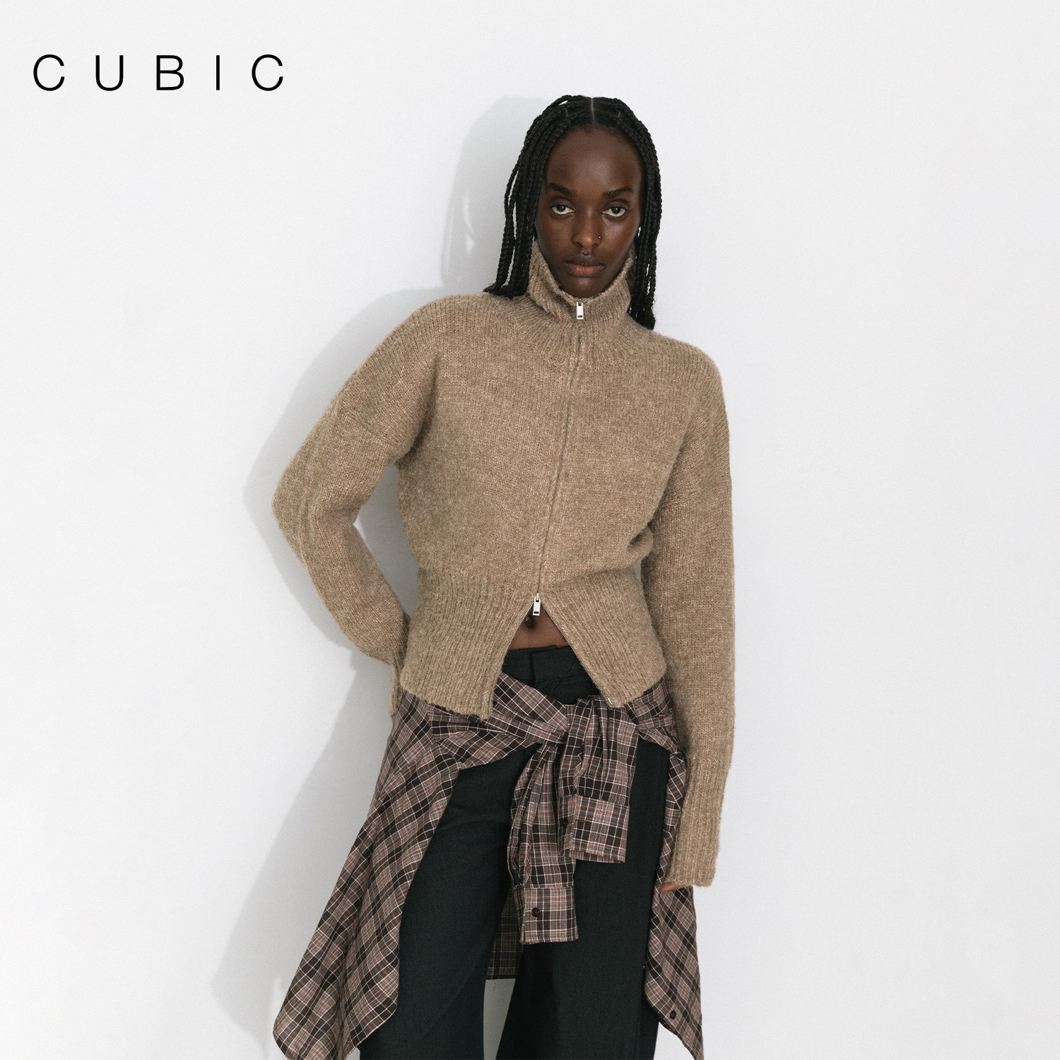 CUBIC复古时髦感羊驼毛羊毛混纺双开头拉链立领毛衣开衫