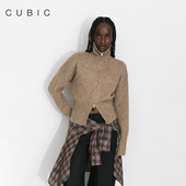 CUBIC复古时髦感羊驼毛羊毛混纺双开头拉链立领毛衣开衫