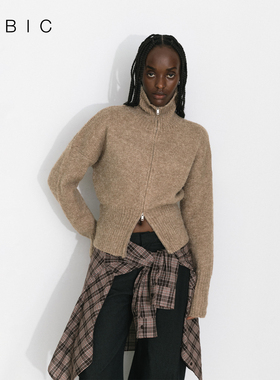 CUBIC复古时髦感羊驼毛羊毛混纺双开头拉链立领毛衣开衫