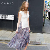 CUBIC夏日海岛 经典 格纹轻盈雪纺纱长裙连腰多分割线设计A字半裙