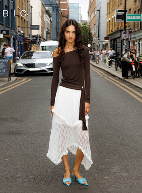 【金靖同款】CUBIC不规则街头感纯色松紧腰过膝蕾丝半裙