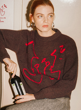 CUBIC【红酒俱乐部】针织提花红酒图案宽松短款圆领毛衣DK2004