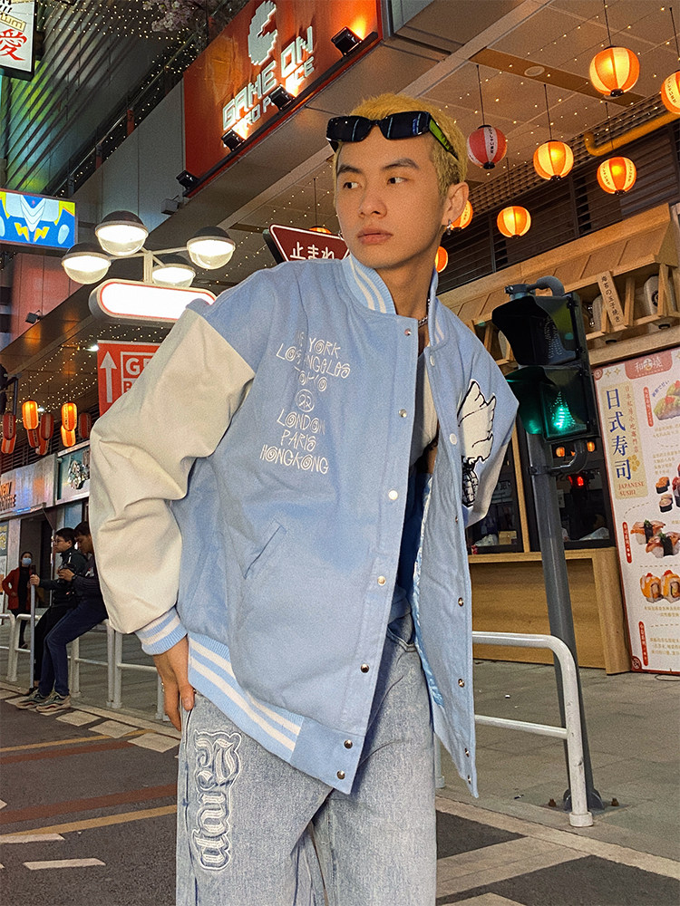 hijack 原创和平鸽复古拼图毛巾刺绣夹克外套男落肩袖夹棉棒球服