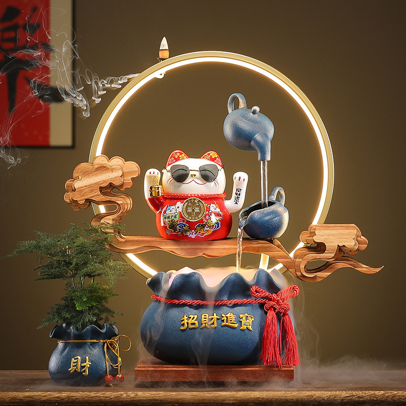 招财猫摆件循环流水生财陶瓷喷泉送朋友开业前台自动招手高档礼物