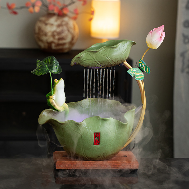 荷花流水生财摆件循环水创意招财客厅电视柜新居装饰桌面乔迁礼品