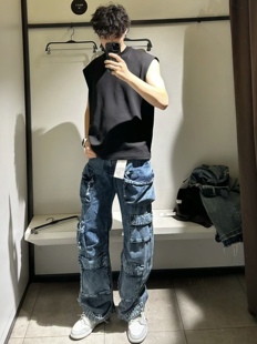 【水洗牛仔】神裤平替25ss工装口袋拉链机能牛仔裤秋休闲阔腿男女