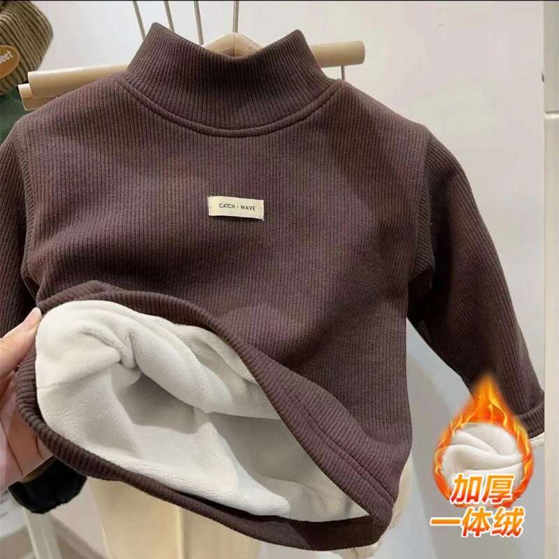 全纯棉加绒加厚儿童德绒打底衫T恤秋冬季男童女童半高领一体绒上