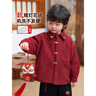 全棉男童红色衬衫加厚2025冬季新款一体绒男童灯芯绒年服衬衫9250