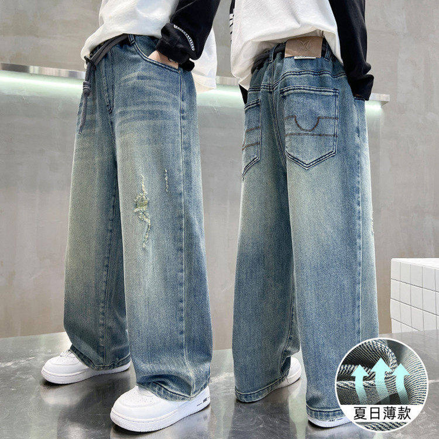 全棉男童裤子夏季新款中大童破洞牛仔裤时髦休闲潮儿童天丝防蚊裤