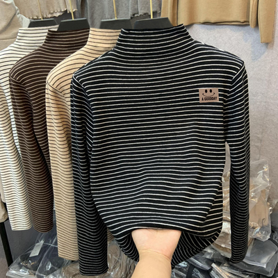 全纯棉男女童德绒内搭打底衫秋冬款大儿童半高领长袖T恤加绒厚条