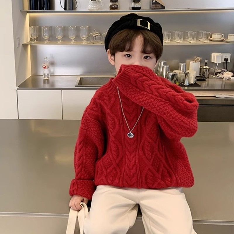 全棉男童经典麻花套头毛衣春季新款中大儿童洋气复古休闲打底针织