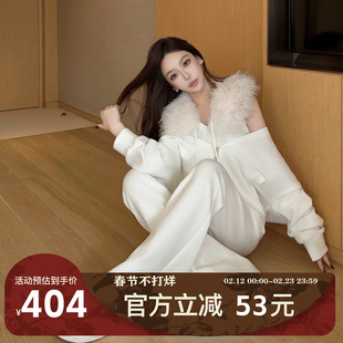 MIMIWU新店 运动风三件套套装大毛毛帽运动拉链外套抽绳背心长裤