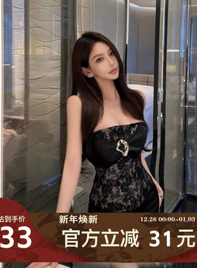 MIMIWU 抹胸蕾丝透视修身包臀上衣女黑色辣妹复古蕾丝衫