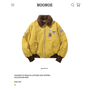 NOONOZ冬季美式毛绒领徽章飞行员棉衣男潮牌中性风保暖抗寒棉服