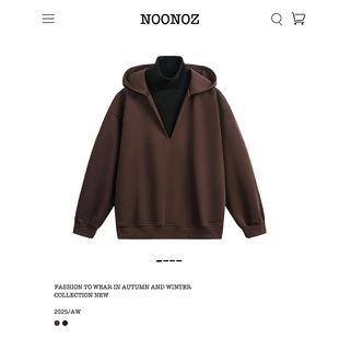 NOONOZ美式潮牌假两件深V领连帽卫衣男秋冬中性风慵懒百搭帽衫