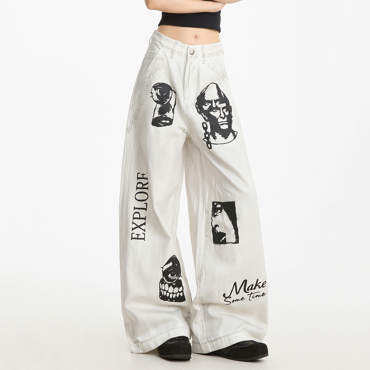 欧美高街涂鸦白色牛仔裤