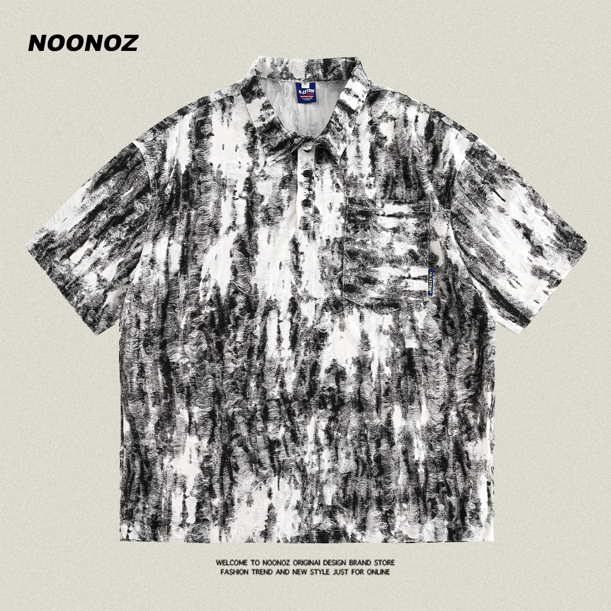 NOONOZ国潮水墨扎染翻领短袖衬衫
