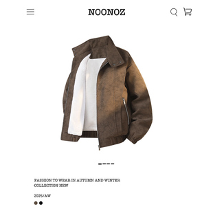 NOONOZ冬季 复古中性风潮牌做旧外套 美拉德加绒PU皮衣棉衣男冬季