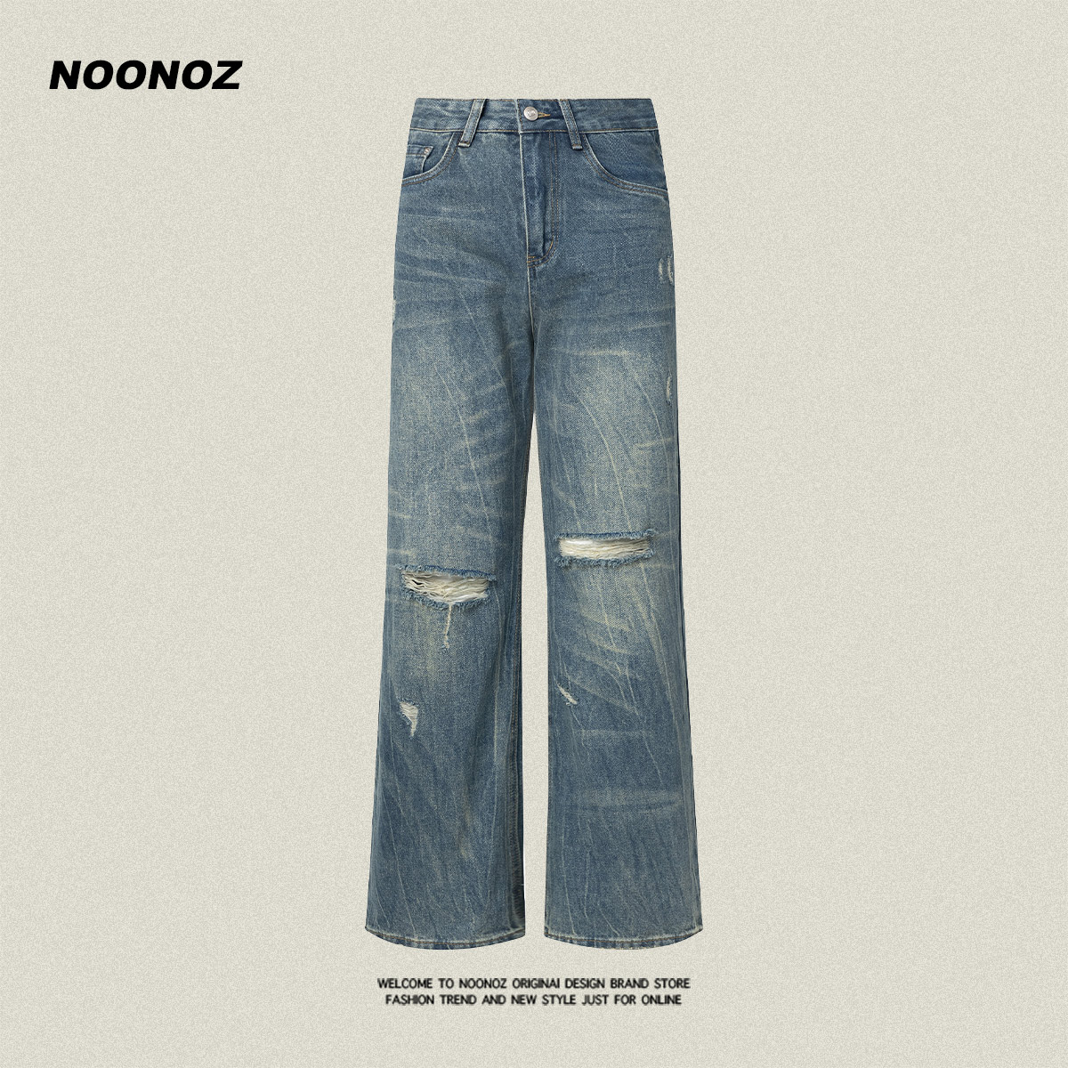 NOONOZ美式高街水洗破洞牛仔裤