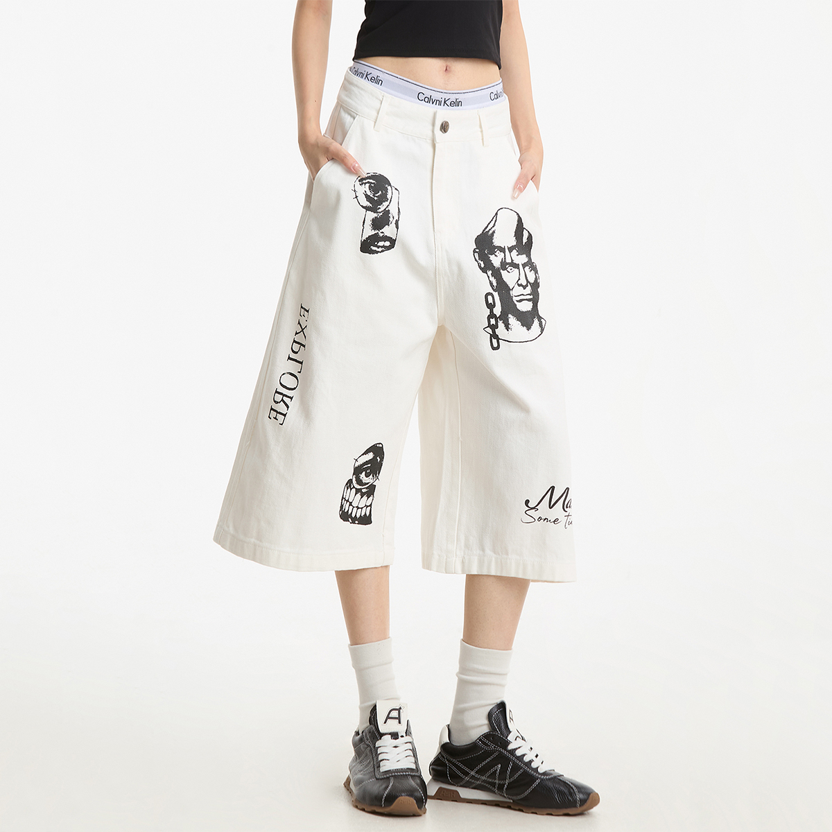 NOONOZ白色手绘涂鸦牛仔七分裤