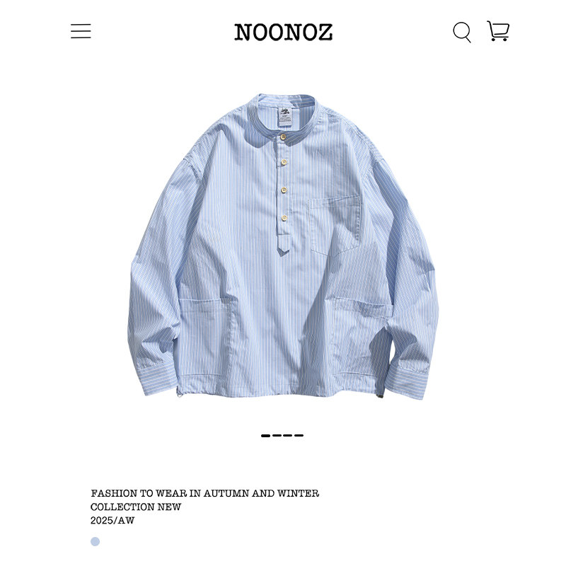 NOONOZ日系中性风条纹立领套头长袖衬衫男潮牌休闲高级感外穿衬衣
