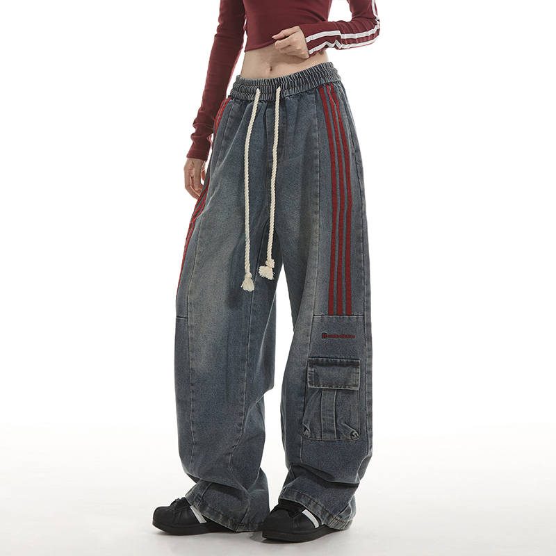 NOONOZ美式直筒条纹拼接牛仔裤