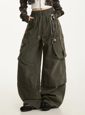 NOONOZ美式复古阔腿工装裤男秋季褶皱大口袋裤子宽松垂感休闲长裤