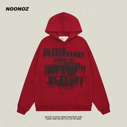 NOONOZ红色美式潮牌字母重磅连帽卫衣男秋季高街情侣百搭套头帽衫