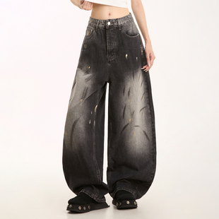 NOONOZ黑色渐变水洗弯刀牛仔裤男泼墨涂鸦美式复古裤子垂感阔腿裤