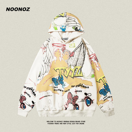 NOONOZ美式潮牌满印涂鸦连帽卫衣男ins宽松嘻哈重磅情侣百搭帽衫