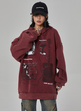 NOONOZ酒红色复古连帽卫衣美式潮牌高街重磅国风oversize情侣帽衫