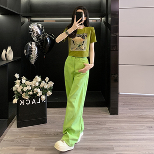 夏日穿搭多巴胺休闲套装女新款显瘦减龄印花短袖牛仔裤运动两件套