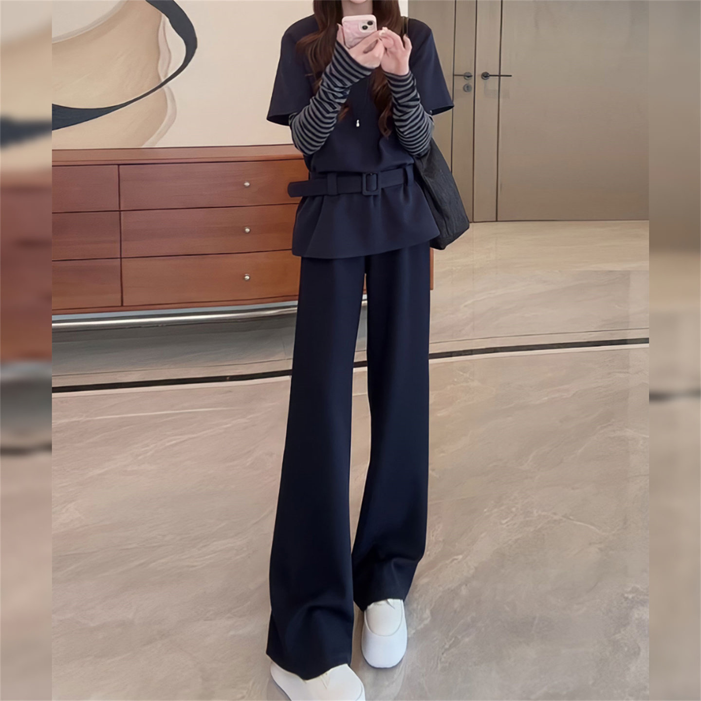 2025秋冬新款时尚休闲套装女洋气设计感假两件上衣阔腿裤两件套潮