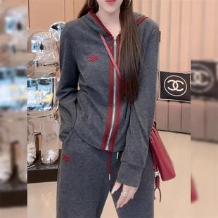 时尚运动风一整套春秋新款灰色链减龄小个子长袖阔腿裤休闲套装女