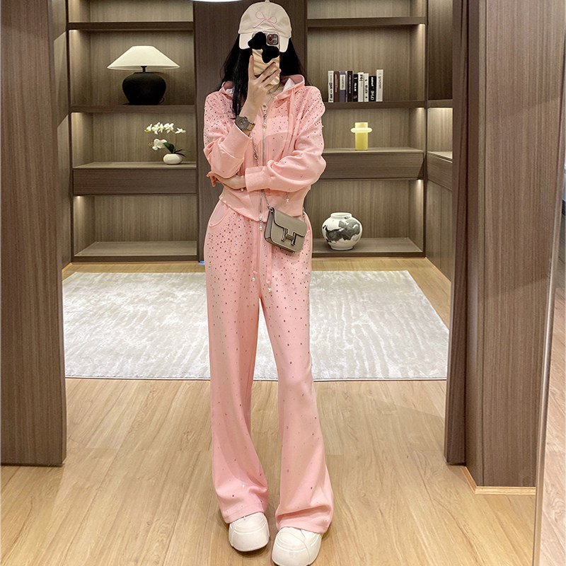 高级感休闲时尚套装女春秋新款加绒粉色重工镶钻卫衣阔腿裤两件套,女装/女士精品,时尚套装,淘宝优惠券,粉丝福利购,淘宝优惠卷