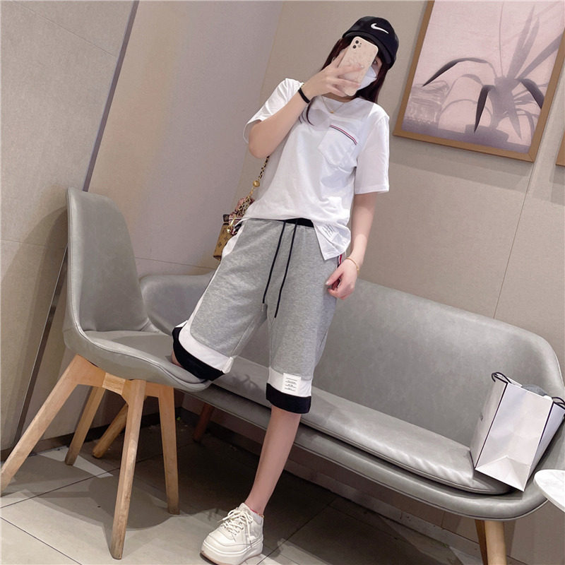 休闲套装女夏季新款宽松显瘦洋气圆领短袖中裤学生运动两件套潮牌
