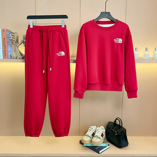 红色加绒卫衣束脚裤休闲套装女秋冬新款宽松显瘦减龄运动服两件套