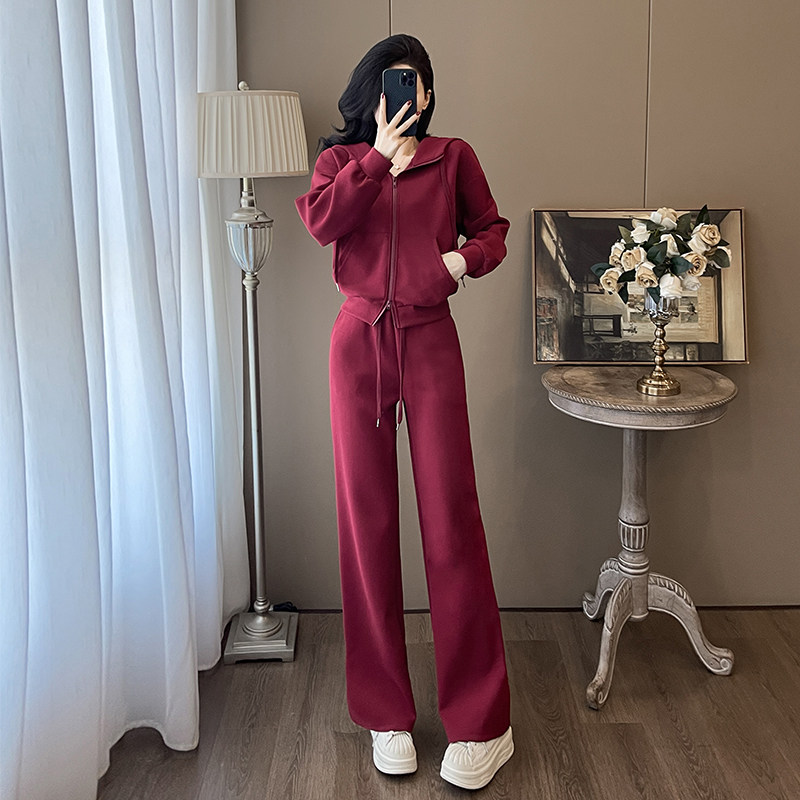 酒红色休闲运动套装女卫衣阔腿裤