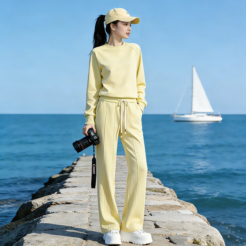 韩系休闲运动套装女春秋松弛感减龄简约黄色圆领卫衣阔腿裤两件套