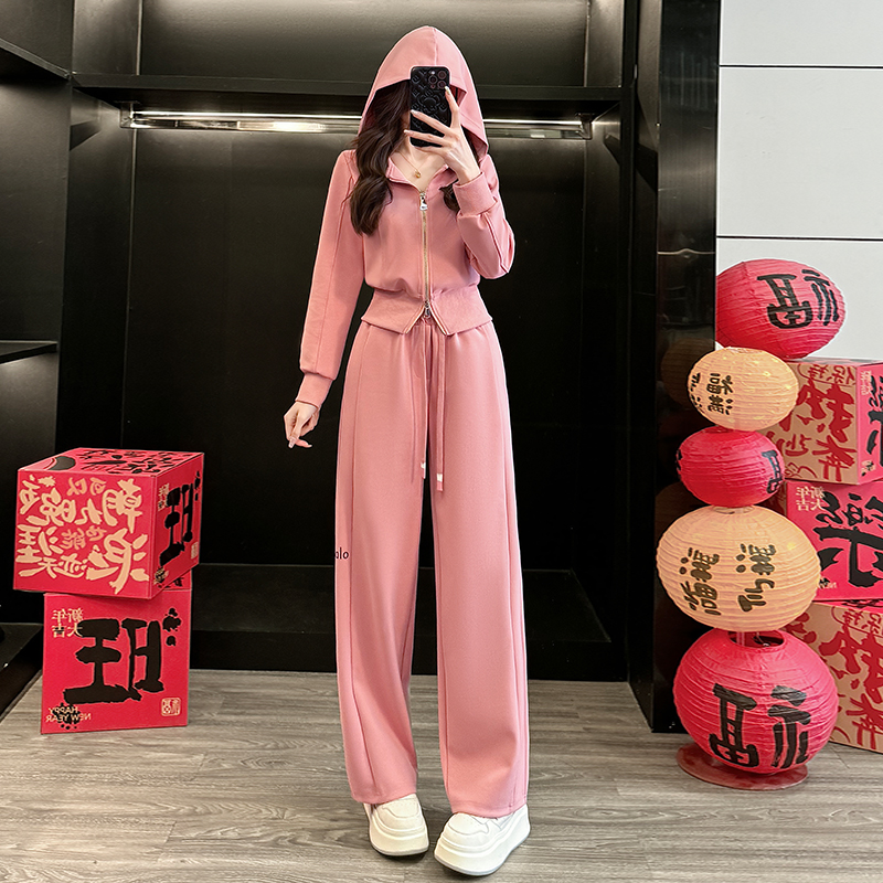 高级感时尚休闲套装女春秋新款粉色连帽拉链卫衣阔腿裤运动两件套