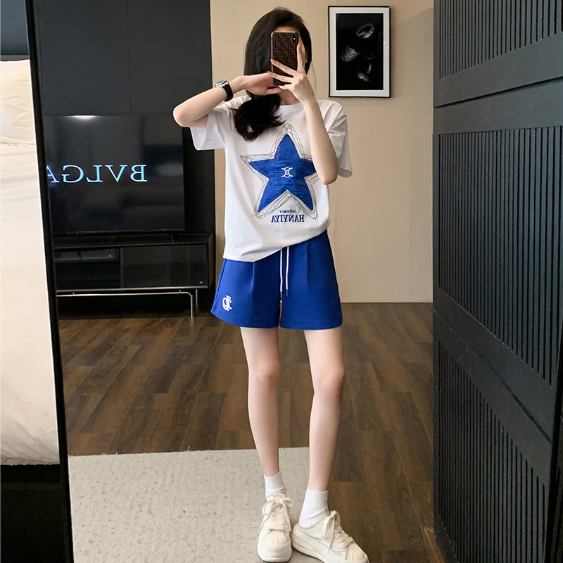 圆领烫钻短袖短裤休闲套装女夏季新款宽松显瘦减龄洋气运动两件套