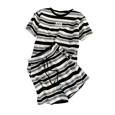 条纹圆领条纹短袖短裤休闲套装女
