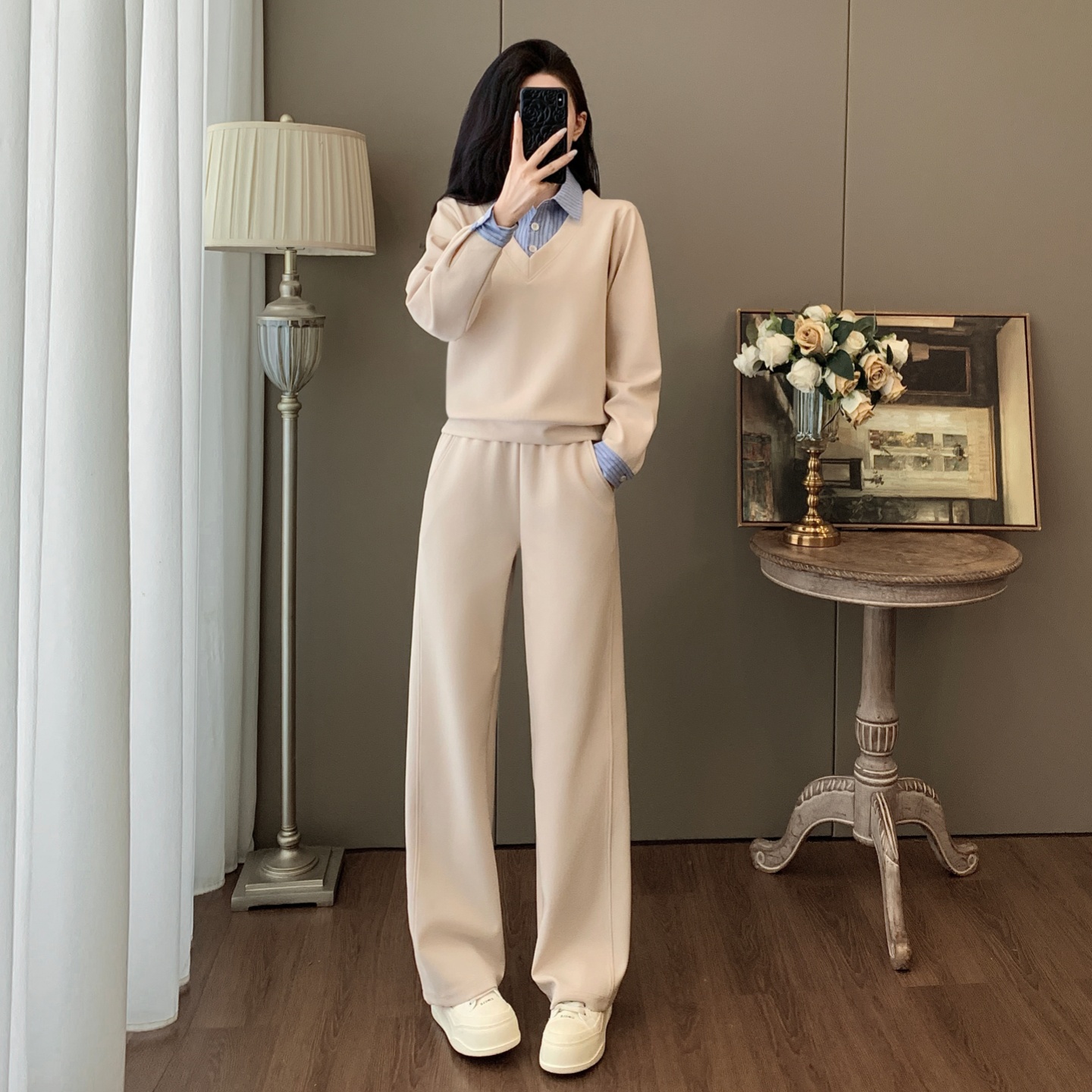 高级感时尚休闲套装女秋冬新款显瘦假两件卫衣阔腿裤运动两件套潮