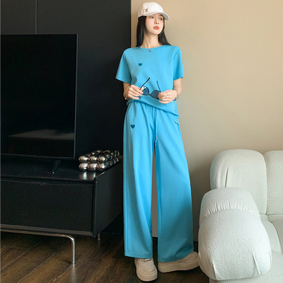 休闲套装女蓝色短袖高腰阔腿裤