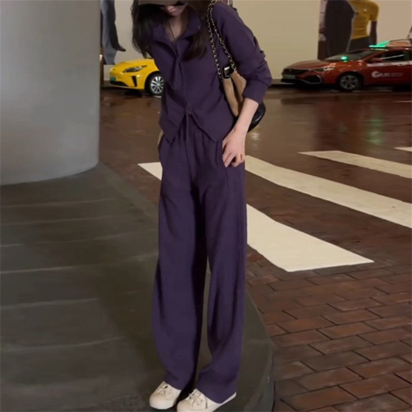 时尚洋气紫色休闲套装女秋冬新款立领拉链卫衣阔腿裤运动两件套潮