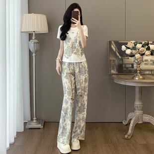 轻熟小众不撞款套装女夏季新款修身减龄气质短袖印花阔腿裤两件套