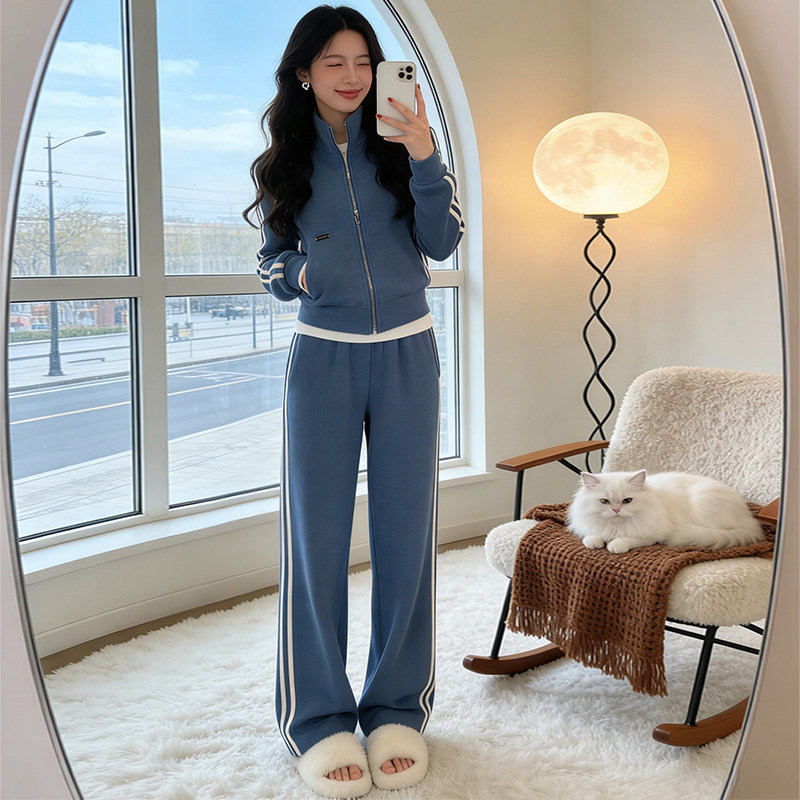 显瘦蓝色拉链开衫阔腿裤套装女